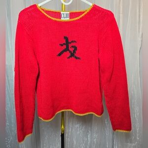 VINTAGE Clio Chinese Character Cotton Blend Sweater Red Medium